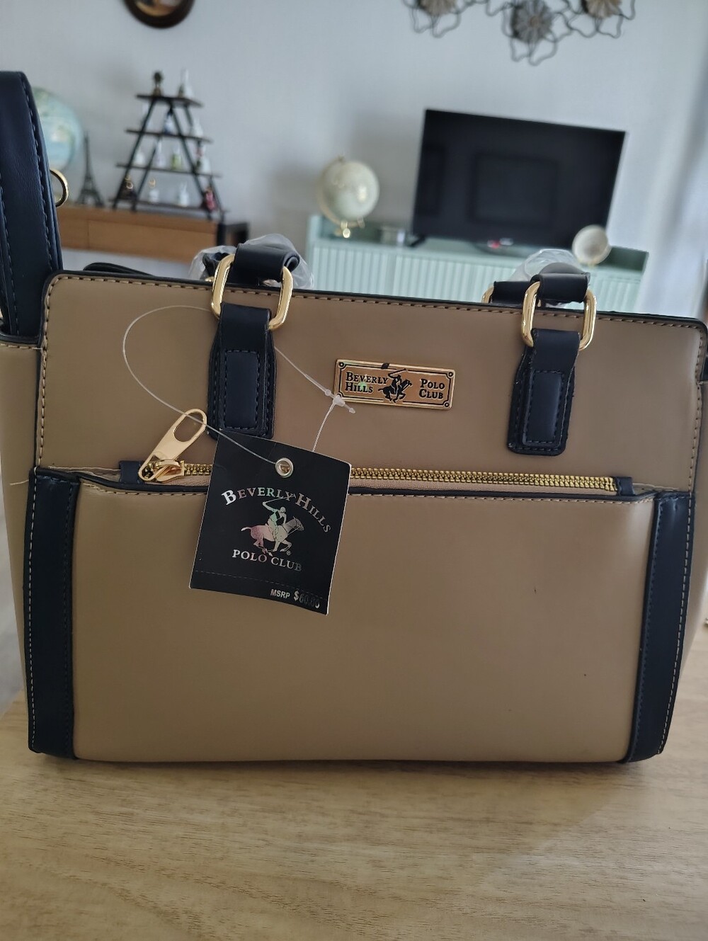 Beverly Hills Polo Club Two-Tone Tan and Black Structured Satchel